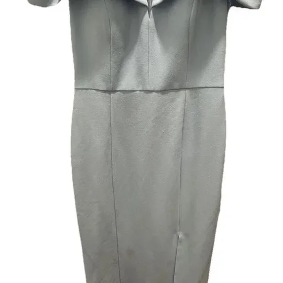 Vince Camuto Sheath Dress 4 Light Blue Off Shoulder V-Notch Midi Crepe $148 - Picture 2 of 5